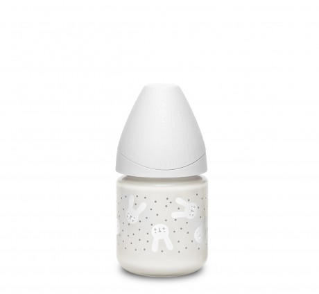 Szklana butelka 120ml z smoczkiem okrągłym wzór Królik Szary Suavinex HYGGE BABY