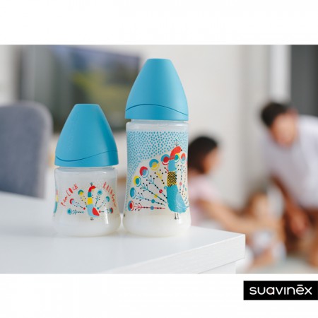 Butelka 150ml smoczek okrągły S silikonowy Paw niebieski | Suavinex